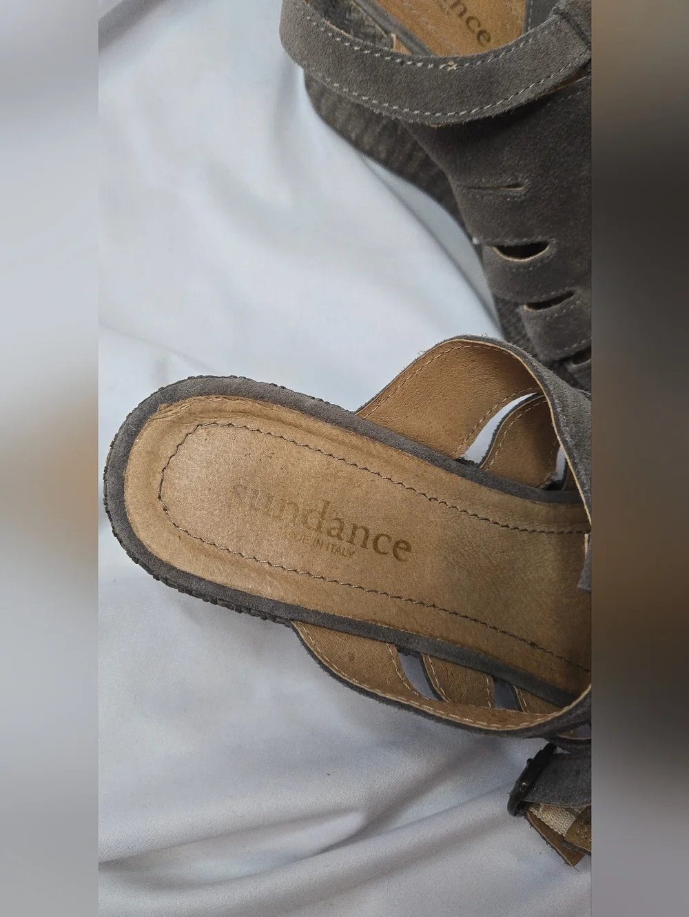 Sundance Leather Suede Wedge Sandals in Gray-Brown Ankle Strap Women's 39/8